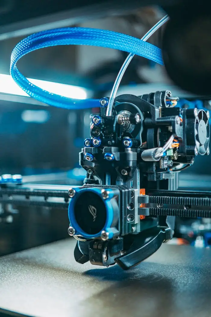 Detailed close-up of a modern 3D printer functioning indoors, showcasing advanced technology.